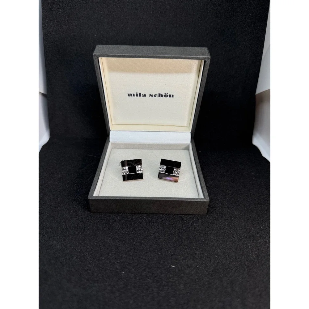 Mila Schön Cufflinks Tie Tack Set of 2‎ Vintage Gold Tone Black Square